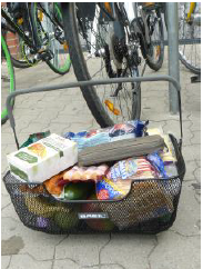 Einkauf in einem Fahrradkorb für den Kochunterricht.
