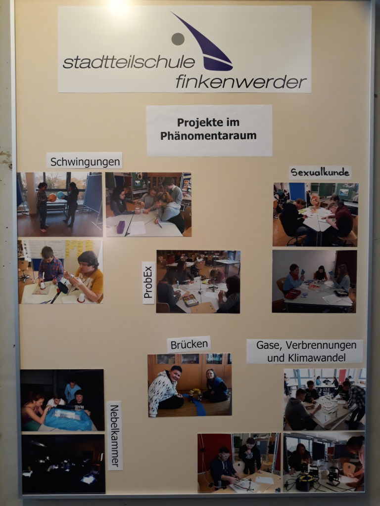 Plakatwand mit Fotos von Projekten im PhänomentaRaum.