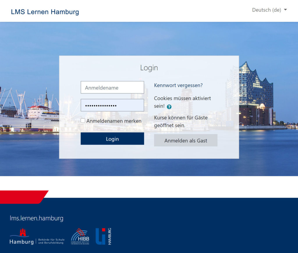 Anmeldeseite des LMS Lernen Hamburg.
