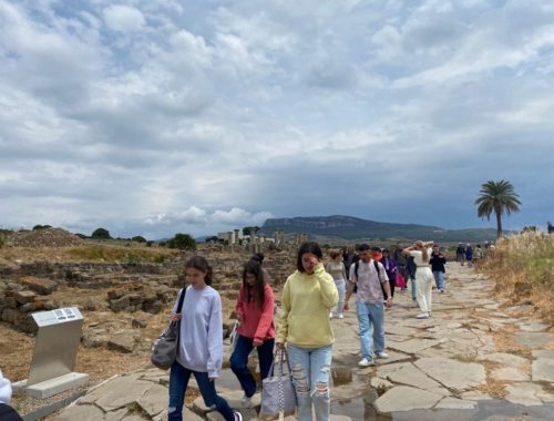 Schülerinnen und Schüler wandern auf einem antiken gepflasterten Weg, im Hintergrund Hügel und Palmen.