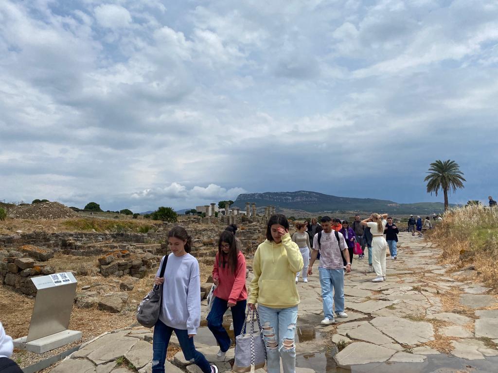 Schülerinnen und Schüler wandern auf einem antiken gepflasterten Weg, im Hintergrund Hügel und Palmen.