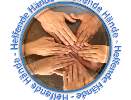 Logo „Helfende Hände“: viele Hände übereinander im Kreis.