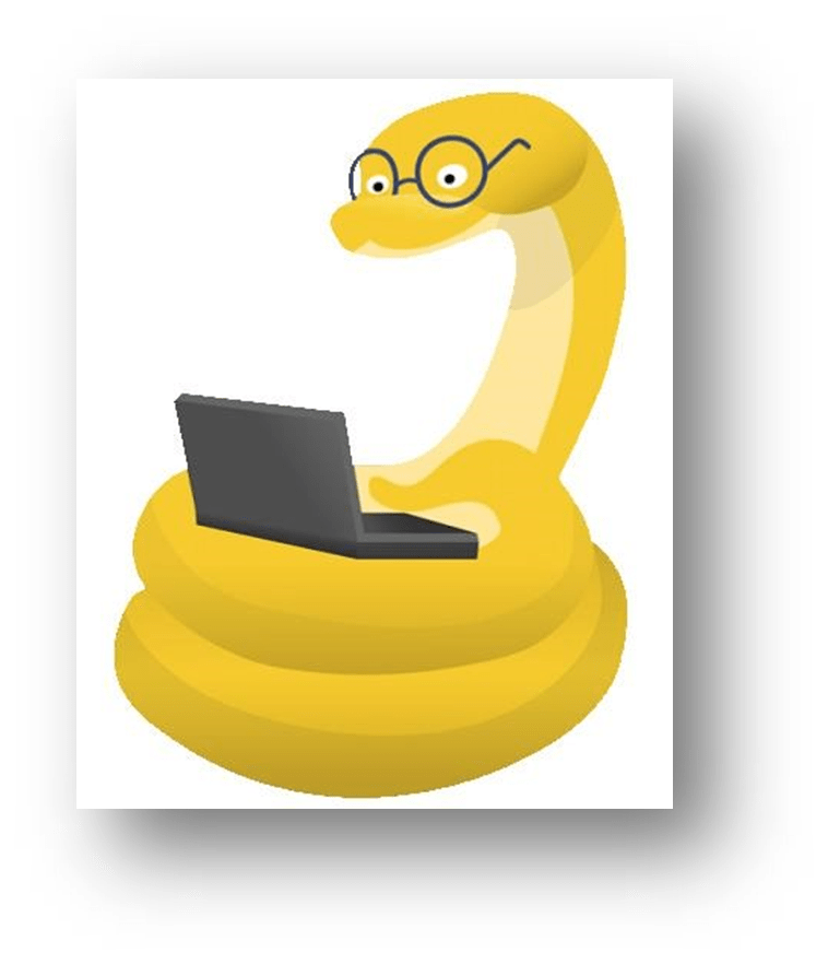 Zeichnung einer gelben Schlange mit Brille vor einem Laptop – Symbol für die Programmiersprache Python.