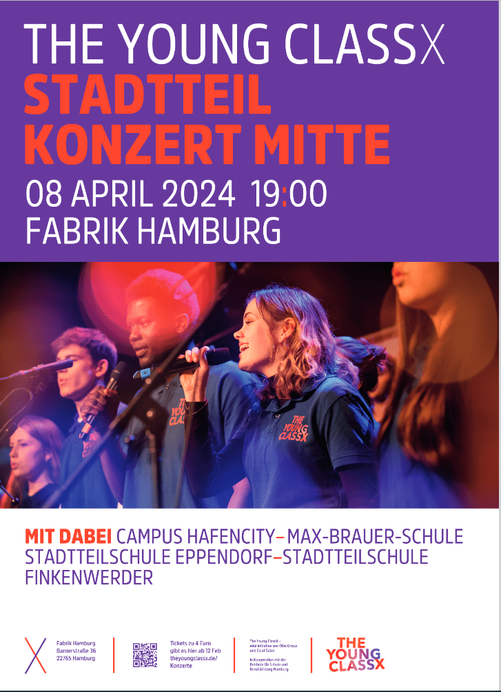 Plakat: The Young ClassX Stadtteilkonzert Mitte am 8. April 2024, 19 Uhr, Fabrik Hamburg.
