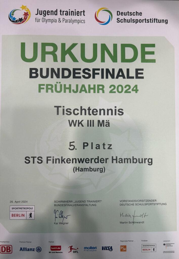 Urkunde: 5. Platz im Bundesfinale Tischtennis, Frühjahr 2024, STS Finkenwerder Hamburg.