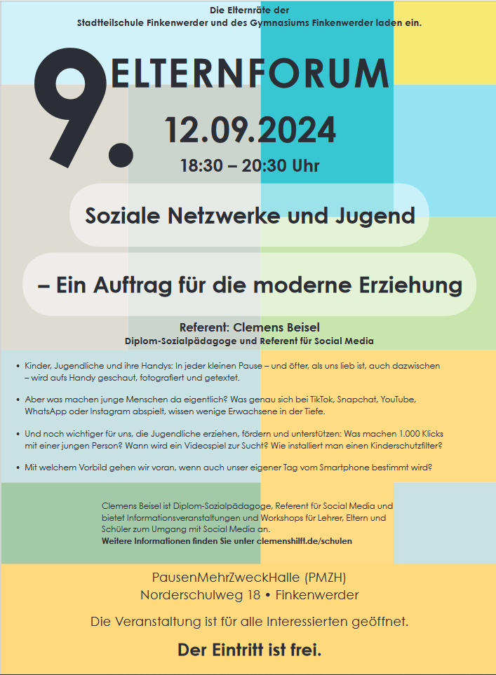 Plakat: 9. Elternforum am 12.09.2024 zum Thema „Soziale Netzwerke und Jugend“.