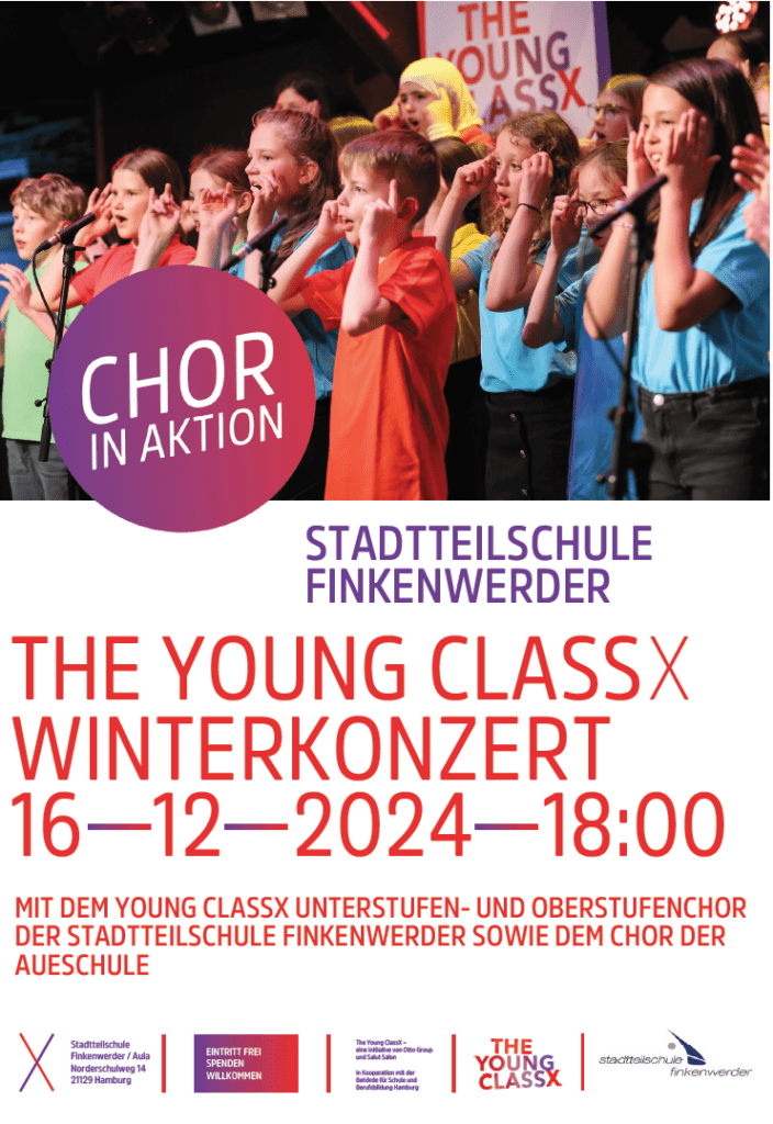 Plakat: The Young ClassX Winterkonzert der Stadtteilschule Finkenwerder am 16.12.2024 um 18:00 Uhr.