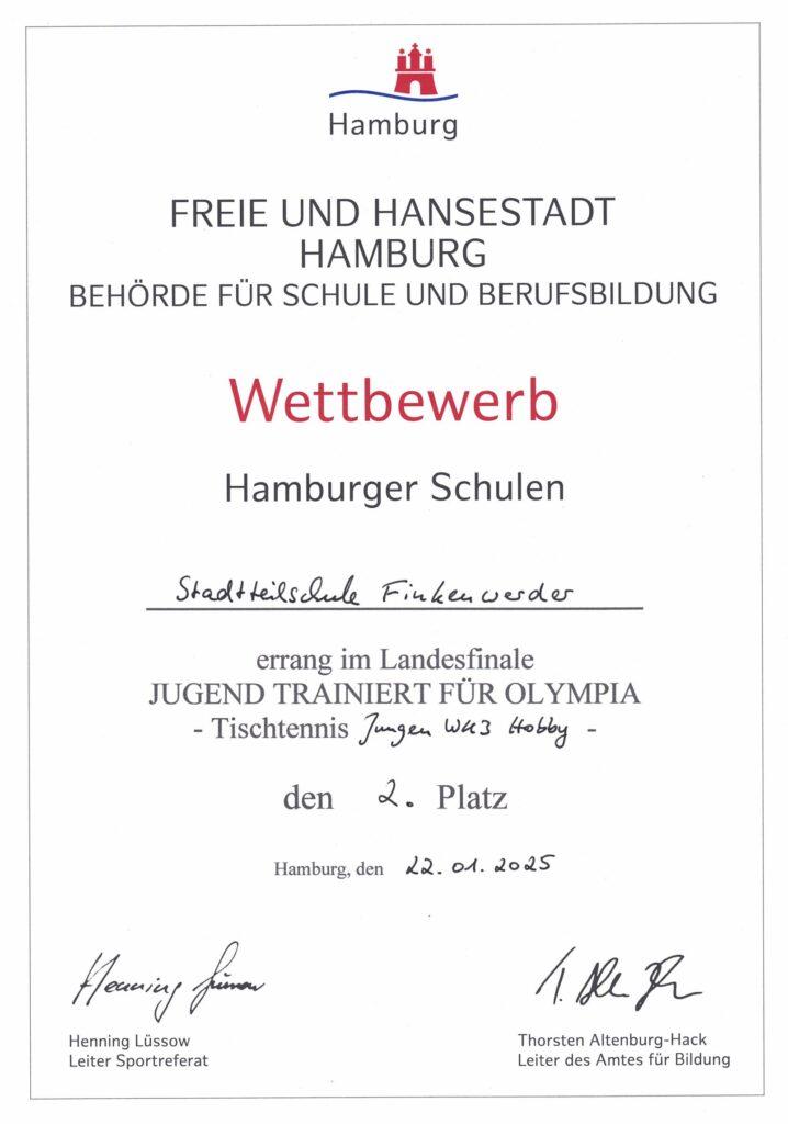 Urkunde der Behörde für Schule und Berufsbildung für die Platzierung im Tischtennis-Wettbewerb.
