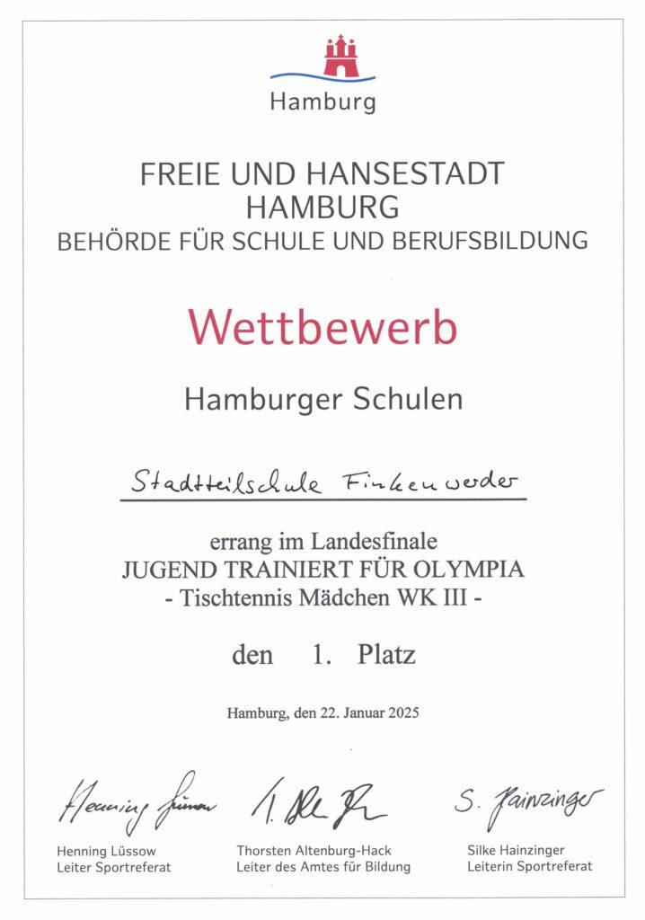Urkunde: 1. Platz der Stadtteilschule Finkenwerder im Tischtennis-Landesfinale.