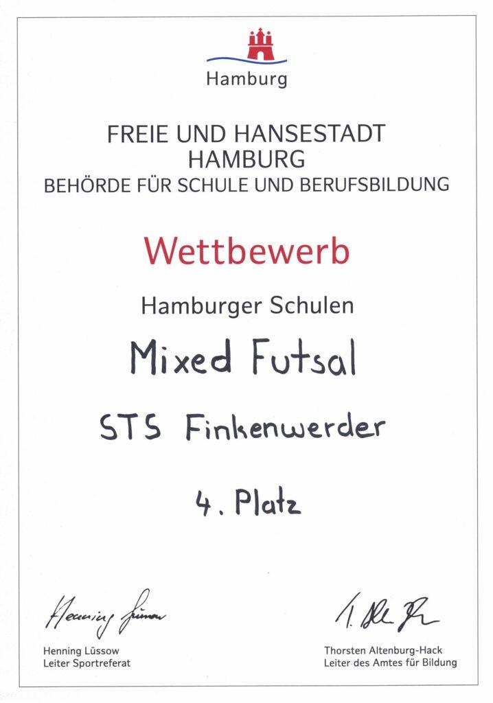 Urkunde: 4. Platz der STS Finkenwerder im Wettbewerb Mixed Futsal der Hamburger Schulen.