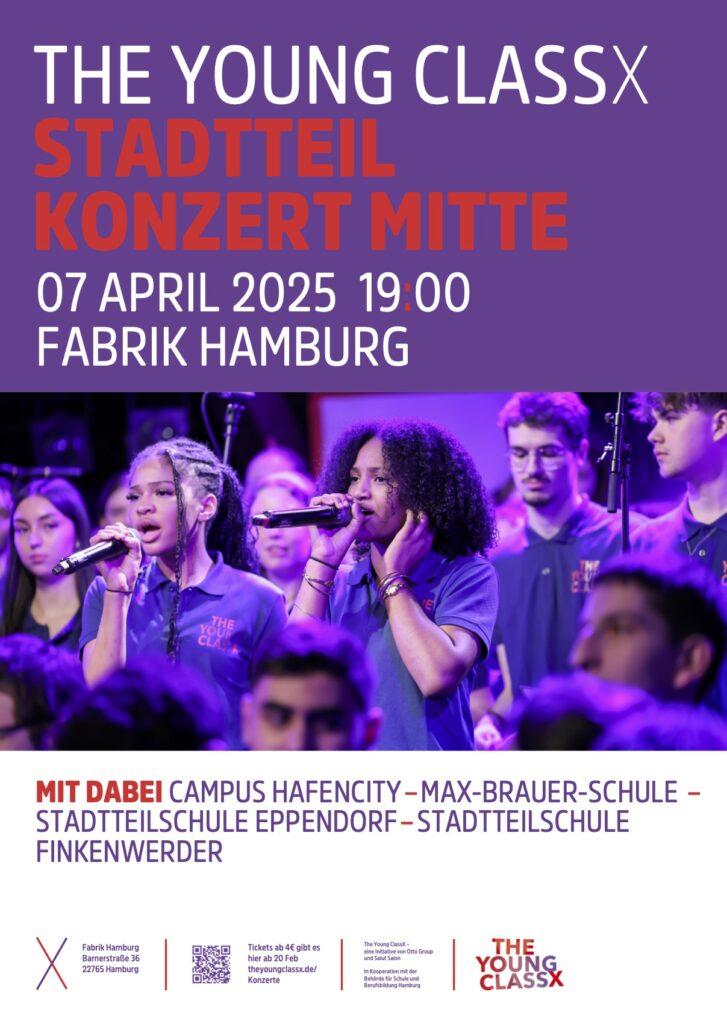 Plakat: The Young ClassX Stadtteilkonzert Mitte am 7. April 2025, 19 Uhr, Fabrik Hamburg.