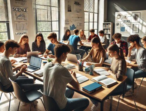 Illustration: Jugendliche arbeiten gemeinsam an Laptops in einem Klassenraum.
