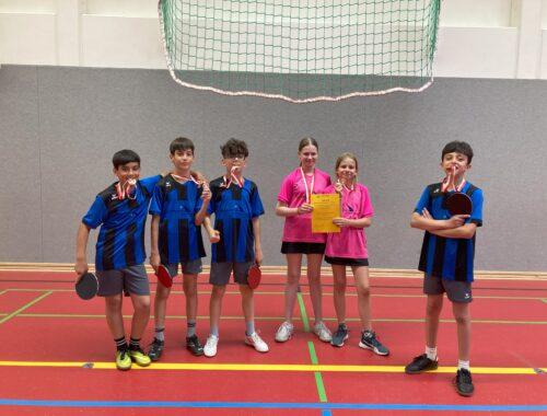 Tischtennismannschaft in Trikots in der Sporthalle.