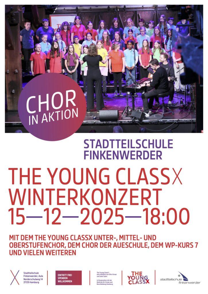Plakat: The Young ClassX Winterkonzert der Stadtteilschule Finkenwerder am 15.12.2025 um 18:00 Uhr.