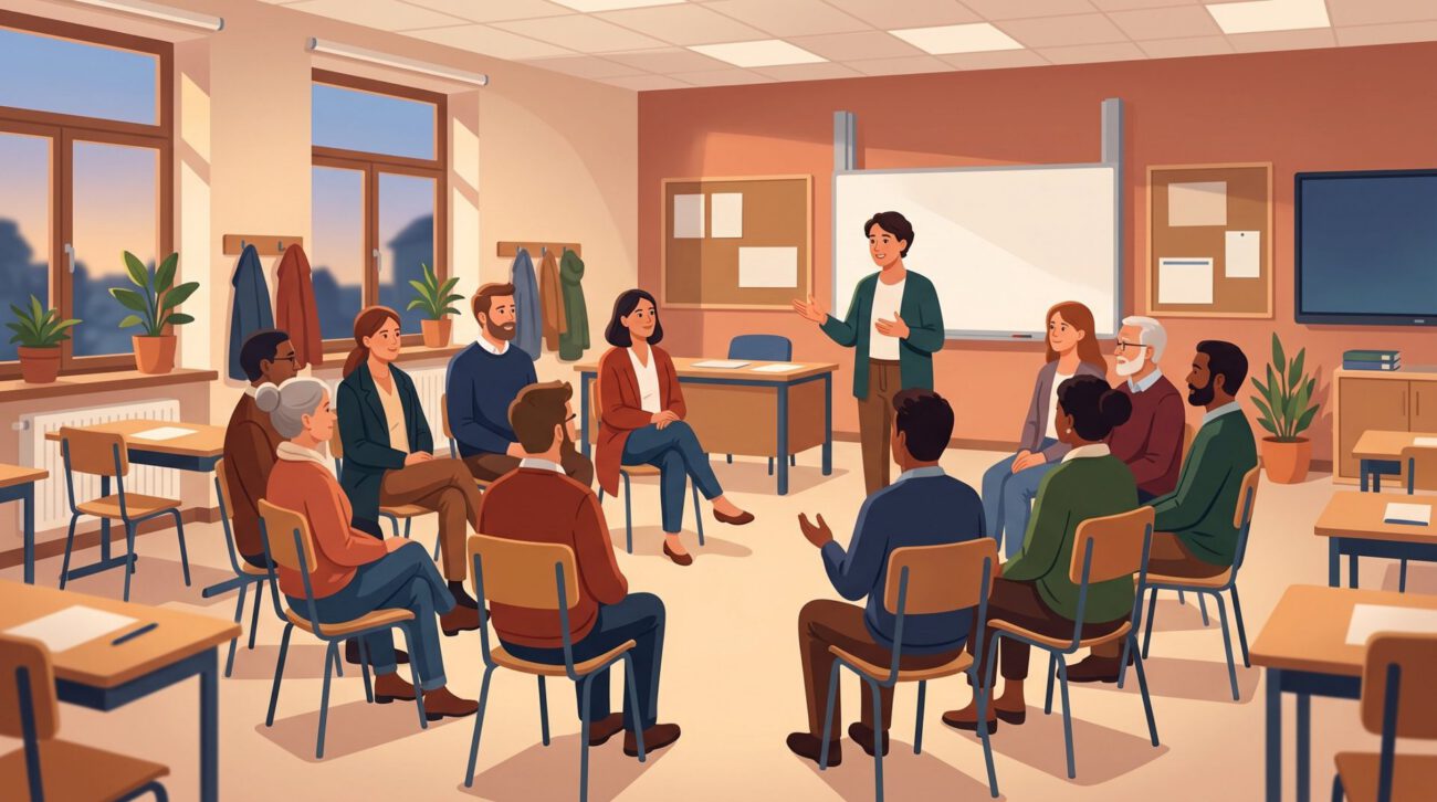 Illustration: Eltern sitzen im Stuhlkreis in einem Klassenraum, eine Lehrkraft erklärt etwas.
