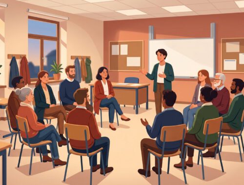 Illustration: Eltern sitzen im Stuhlkreis in einem Klassenraum, eine Lehrkraft erklärt etwas.