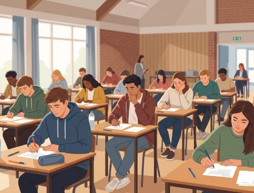 Illustration: Schülerinnen und Schüler der Oberstufe schreiben konzentriert eine Prüfung an Einzeltischen in einem hellen Raum.