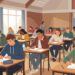 Illustration: Schülerinnen und Schüler der Oberstufe schreiben konzentriert eine Prüfung an Einzeltischen in einem hellen Raum.